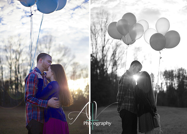 A couple share some sweet intimate kisses in a field with balloons during their Downtown Concord Engagement Session