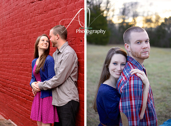 Photographs of a couple in both a downtown and open field locations during their Downtown Concord Engagement Session