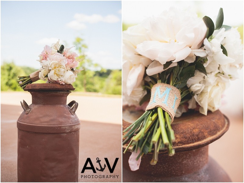 Wedding bouquet of Flowers on a barrel at the winmoock at kinderton in Winston Salem