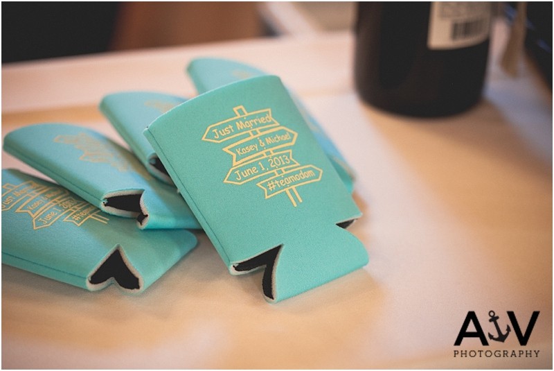Koozies with the wedding date on them at the wedding reception at the Winmock at Kinderton in WInston Salem