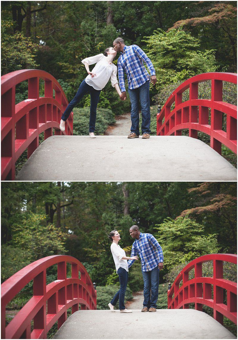 Joking around on the red bridge during the engagement session at the Duke Gardens