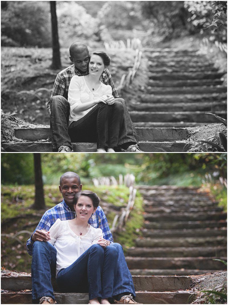 Sitting on the stairs during the Duke Gardens engagement session