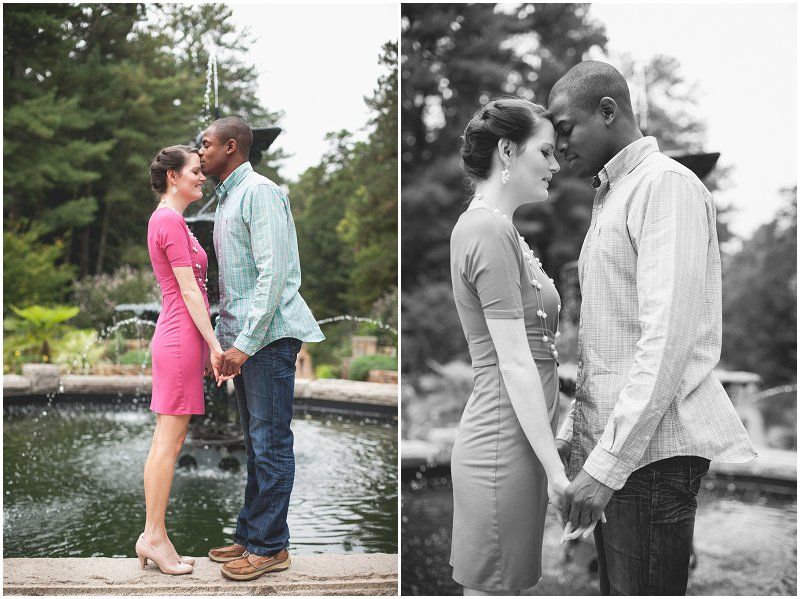 The look of love at the fountain in the Duke Gardens engagement session
