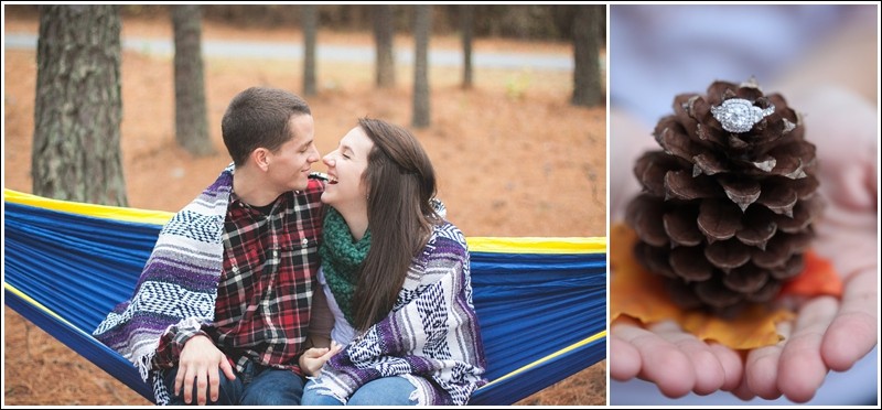 The engagement ring in a pincone on a large leaf and Hammocking during the fall Reedy Creek Park engagement session