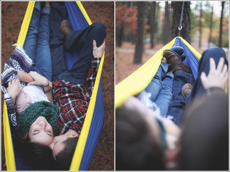Laying in the hammock together during the fall engagement session at reedy creek park in Charlotte North Carolina