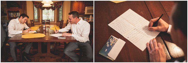 groom writing the love letter for his bride at the Waterfront wedding at the chetola resort and spa in Blowing rock North Carolina