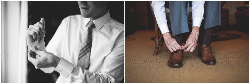 Buttoning the sleeves and tying the shoes at the vWaterfront wedding at the chetola resort and spa in Blowing rock North Carolina