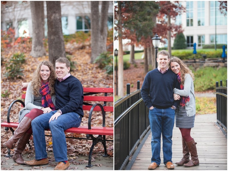 Over the bridge and on the bench   during the fall couples session in charlotte Ballantyne business park North Carolina