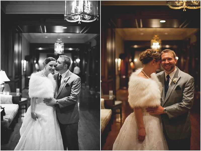 Classic romantic vintage look with the bride wearing a fur wrap after the reception on a cold night during the High Point North Carolina Wedding at First Baptist Church High Point and high point country club at Emerywood