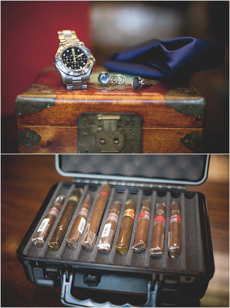 Cigars in a humidifier and a tag heuer watch during the sparkler exit with a fur wrap during the High Point North Carolina Wedding at First Baptist Church High Point and high point country club at Emerywood