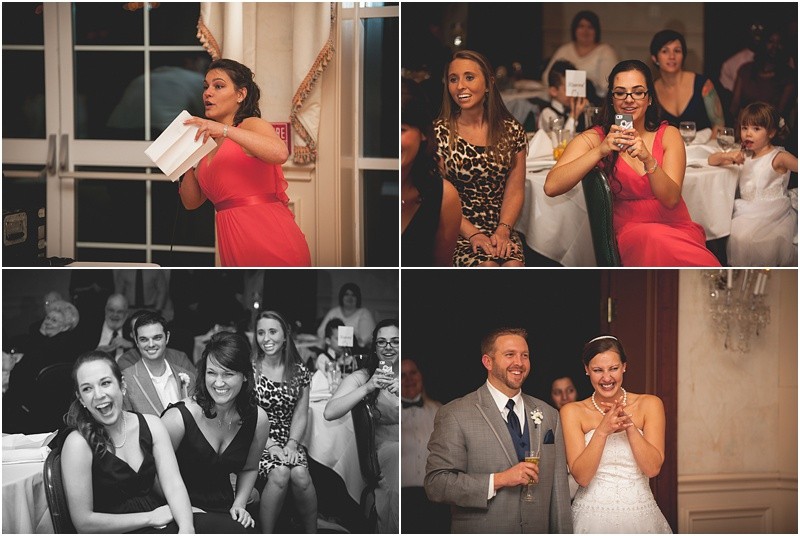 The Maid of Honor rapping the toast and people laughing during the sparkler exit with a fur wrap during the High Point North Carolina Wedding at First Baptist Church High Point and high point country club at Emerywood