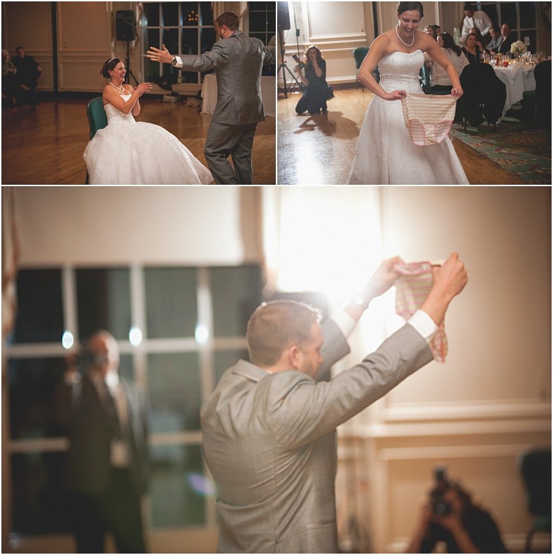 The Groom surprised his wife by bringing out a big pear of panties during the garter toss during the sparkler exit with a fur wrap during the High Point North Carolina Wedding at First Baptist Church High Point and high point country club at Emerywood