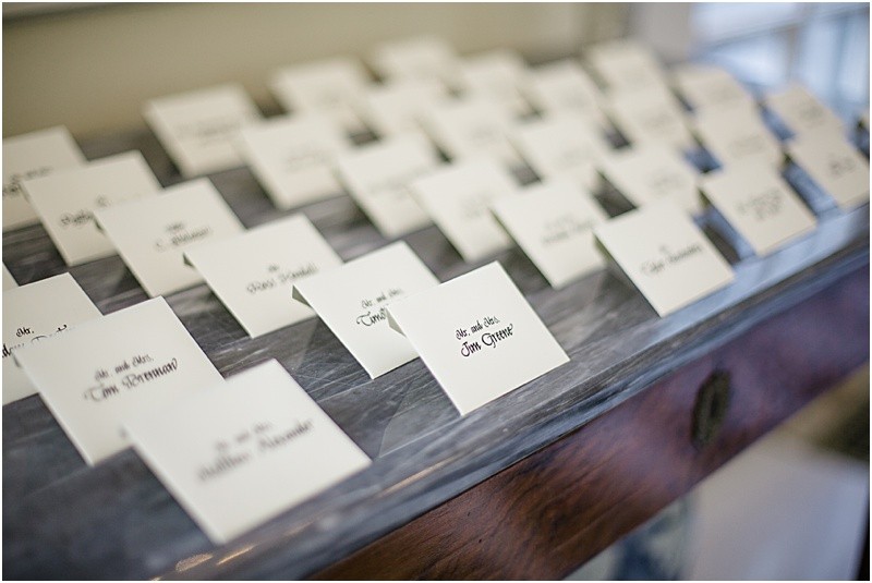 Names on the cards at the charlotte duke mansion wedding reception