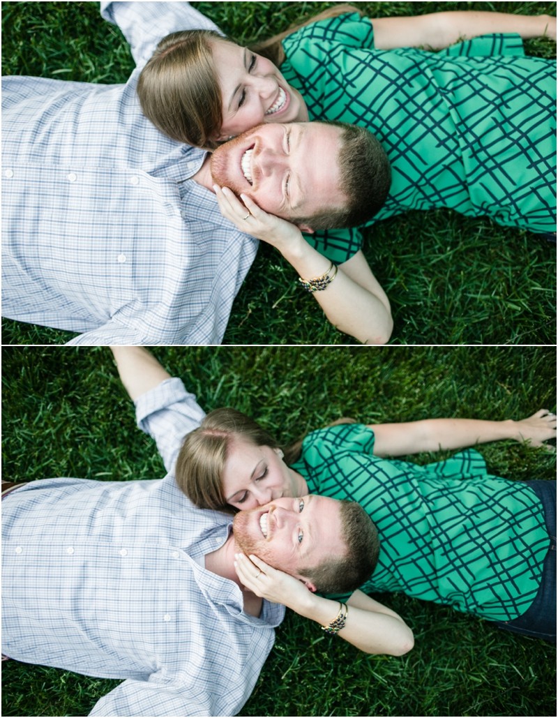 Laying in the grass Andrew and Anna at the Engagement portraits at the Greensboro Bicentennial Gardens