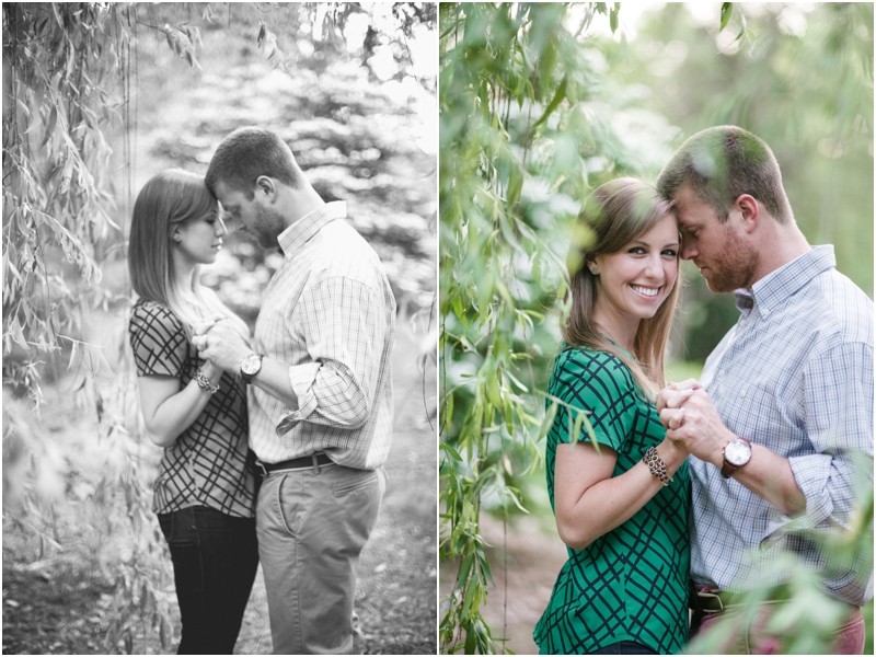 Weeping willow tree Andrew and Anna at the Engagement portraits at the Greensboro Bicentennial Gardens