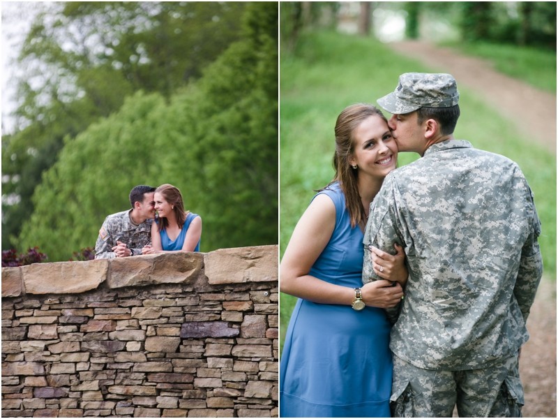 standing on the bridge Military camo uniform during the engagement session at freedom park and the uncc botanical gardens