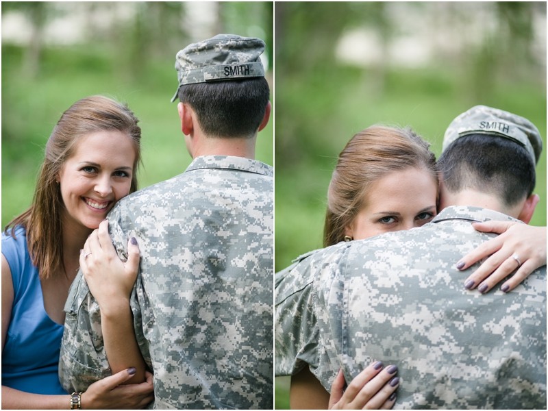 looking over his shoulder and leaning on his shoulderMilitary camo uniform during the engagement session at freedom park and the uncc botanical gardens