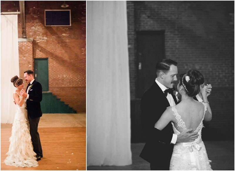 sharing the first dance at the NC old monroe armory wedding in monroe north carolina