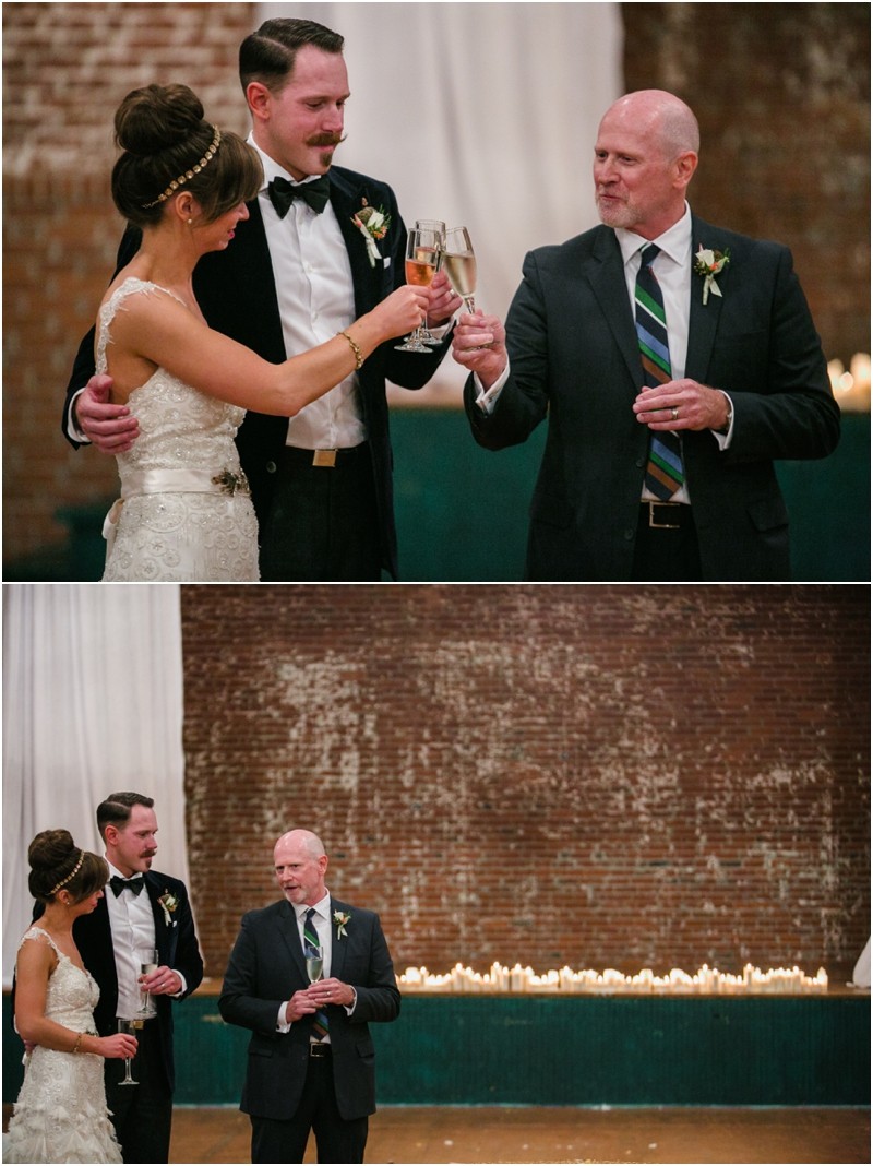 Father toasting at the NC old monroe armory wedding in monroe north carolina