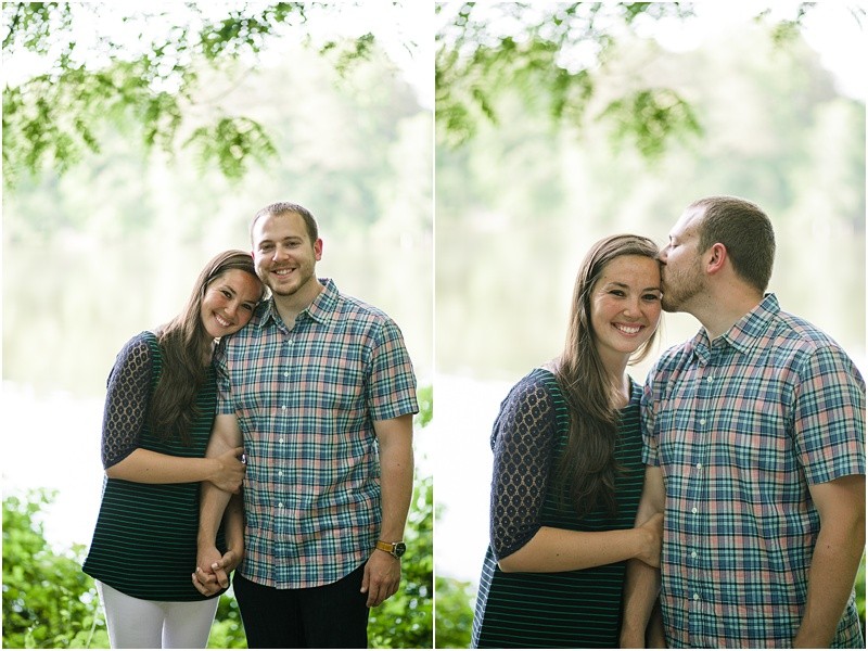 by the lake during the engagement session at burr mill park and the greensboro bicentennial gardens
