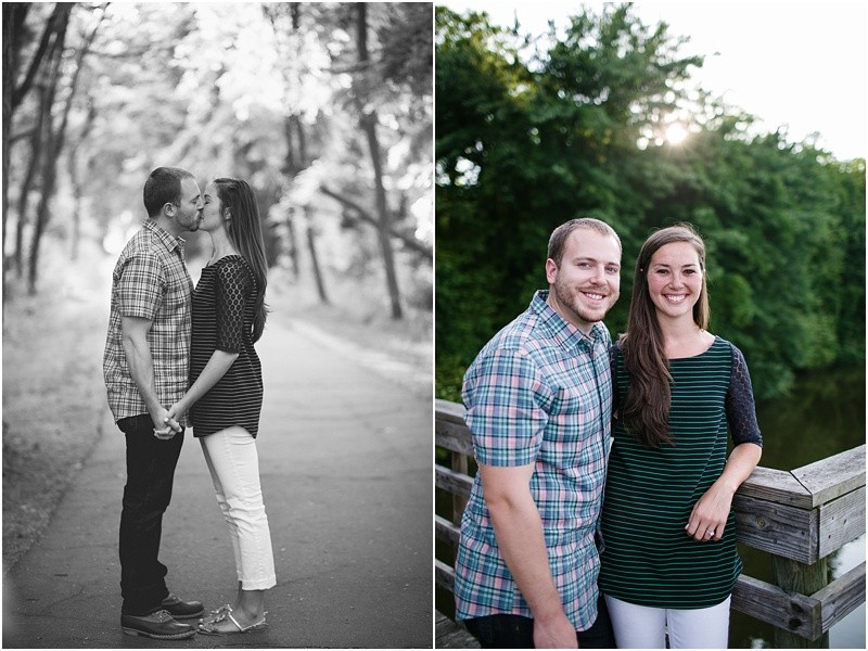 by the lake during the engagement session at burr mill park and the greensboro bicentennial gardens