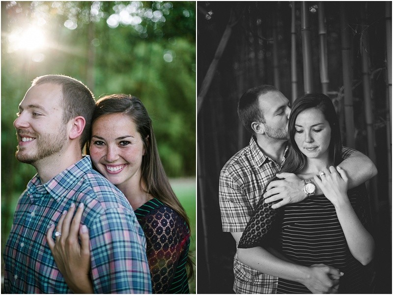 in the bamboo trees during the engagement session at burr mill park and the greensboro bicentennial gardens
