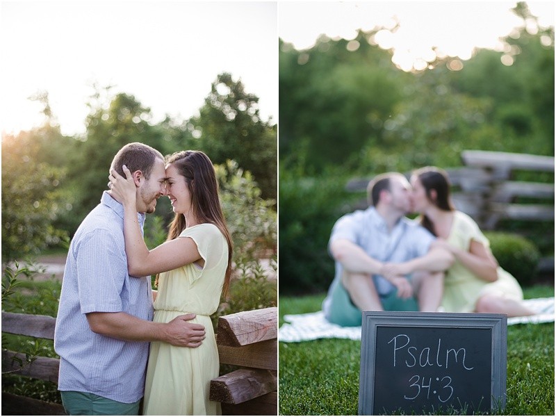 psalm sign and kissing during the engagement session at burr mill park and the greensboro bicentennial gardens