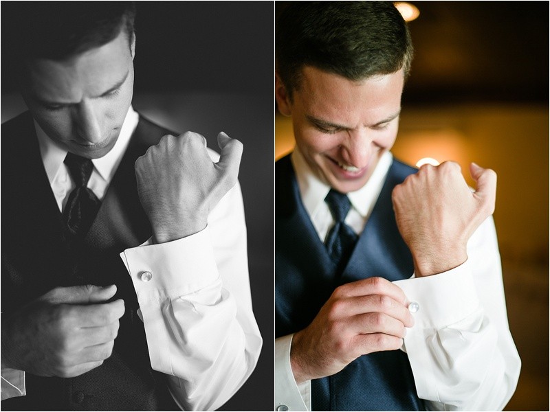 Groom buttoning up his sleeves before the wedding at during the vineyard wedding at the Hinnant Family Vineyard in Pine Level Nc near Raleigh