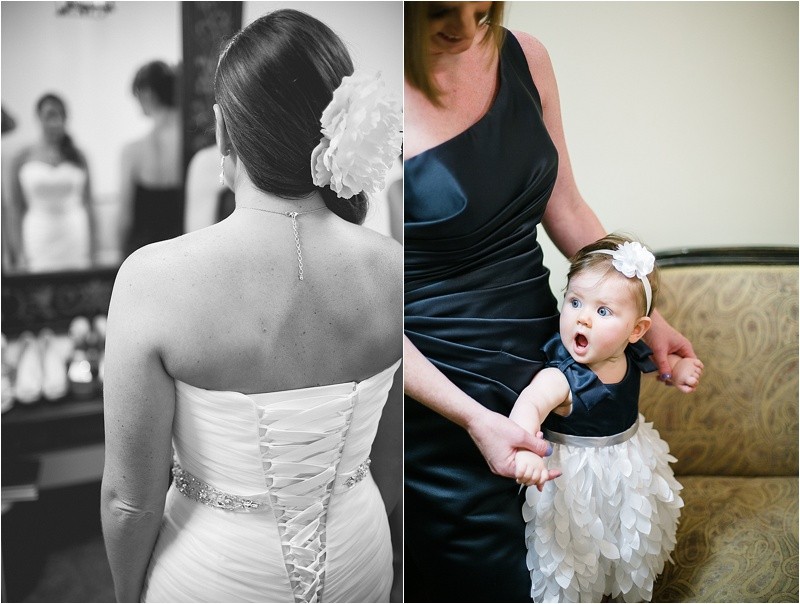 Bride getting her dress on and the baby loves it during the vineyard wedding at the Hinnant Family Vineyard in Pine Level Nc near Raleigh