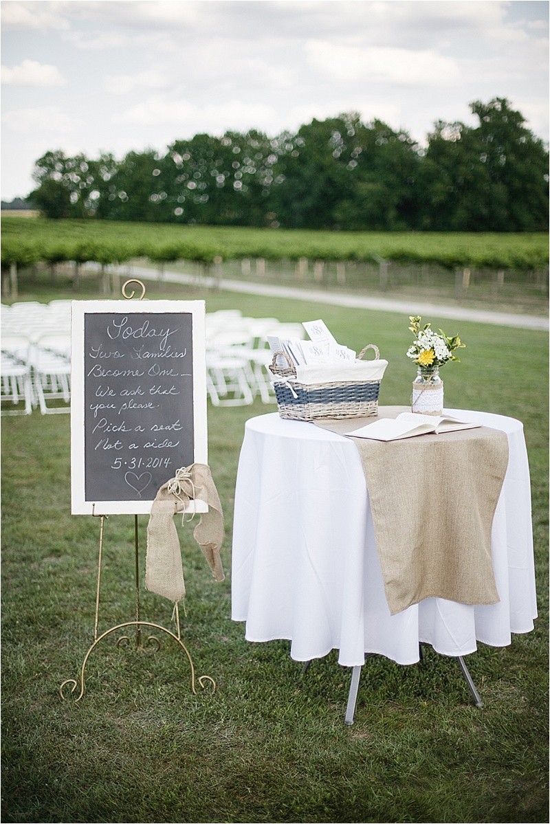 reception site and pick a side sign during the vineyard wedding at the Hinnant Family Vineyard in Pine Level Nc near Raleigh