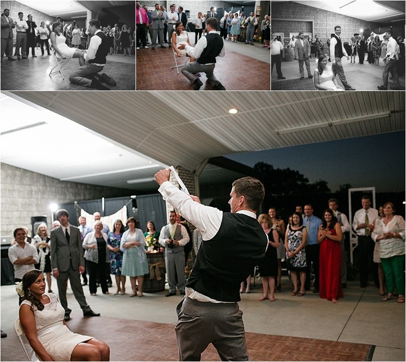 Groom tossing the garter during the vineyard wedding at the Hinnant Family Vineyard in Pine Level Nc near Raleigh