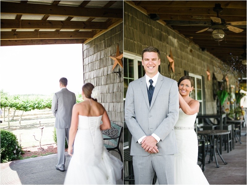 First look during the vineyard wedding at the Hinnant Family Vineyard in Pine Level Nc near Raleigh