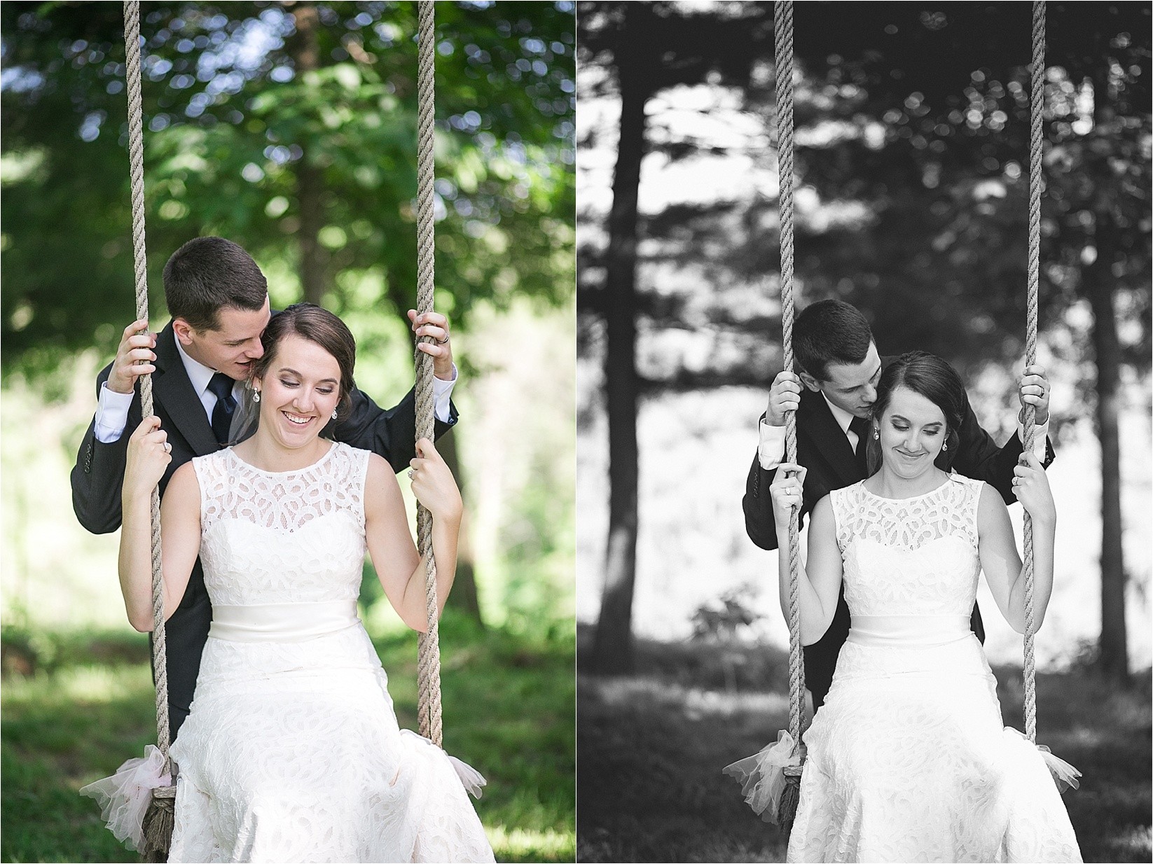 kissing on the swing at Caroline and Evans mountain wedding at yesterday spaces in asheville leicester north carolina