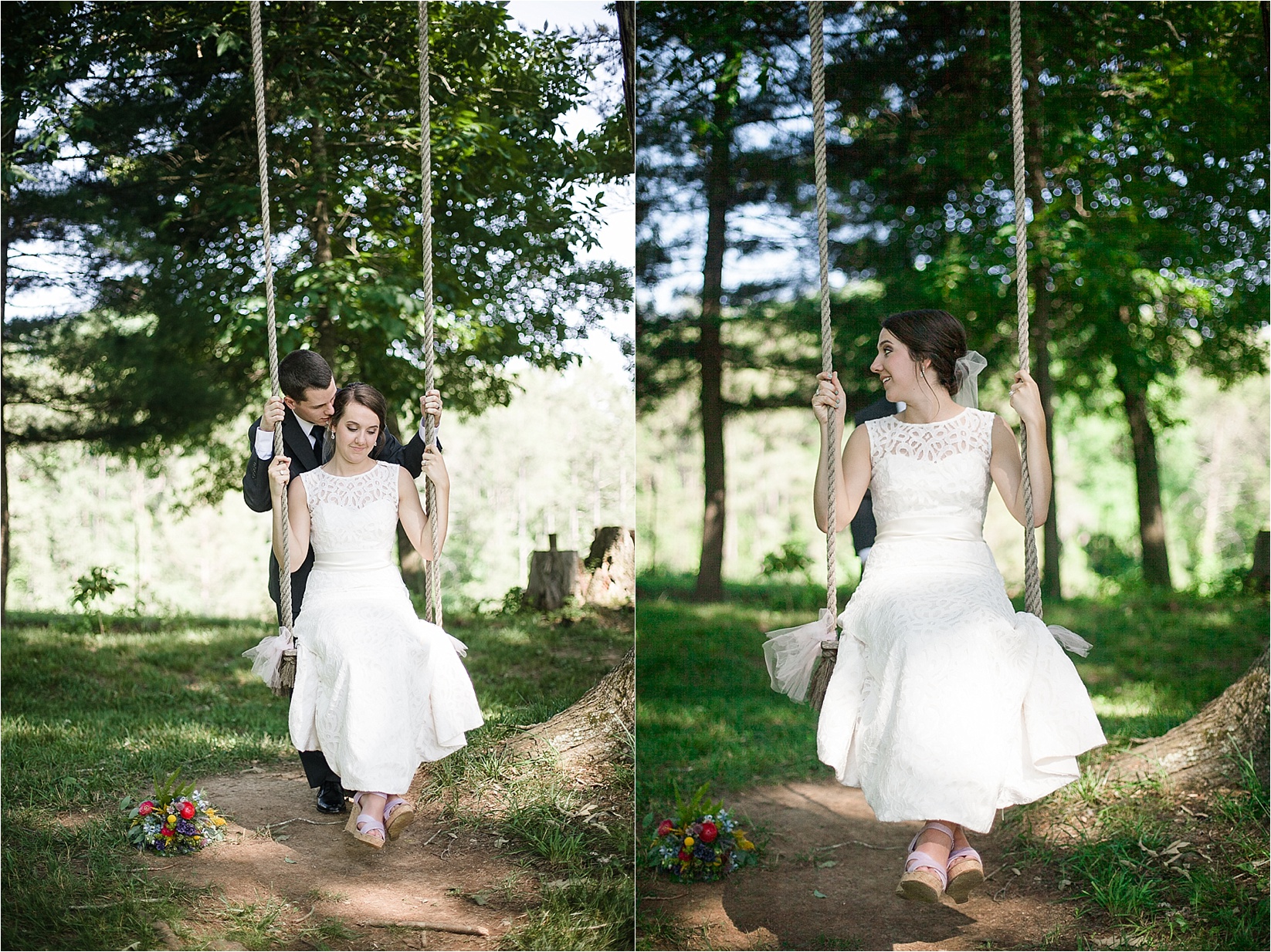 pushing on the swing and kissing at Caroline and Evans mountain wedding at yesterday spaces in asheville leicester north carolina