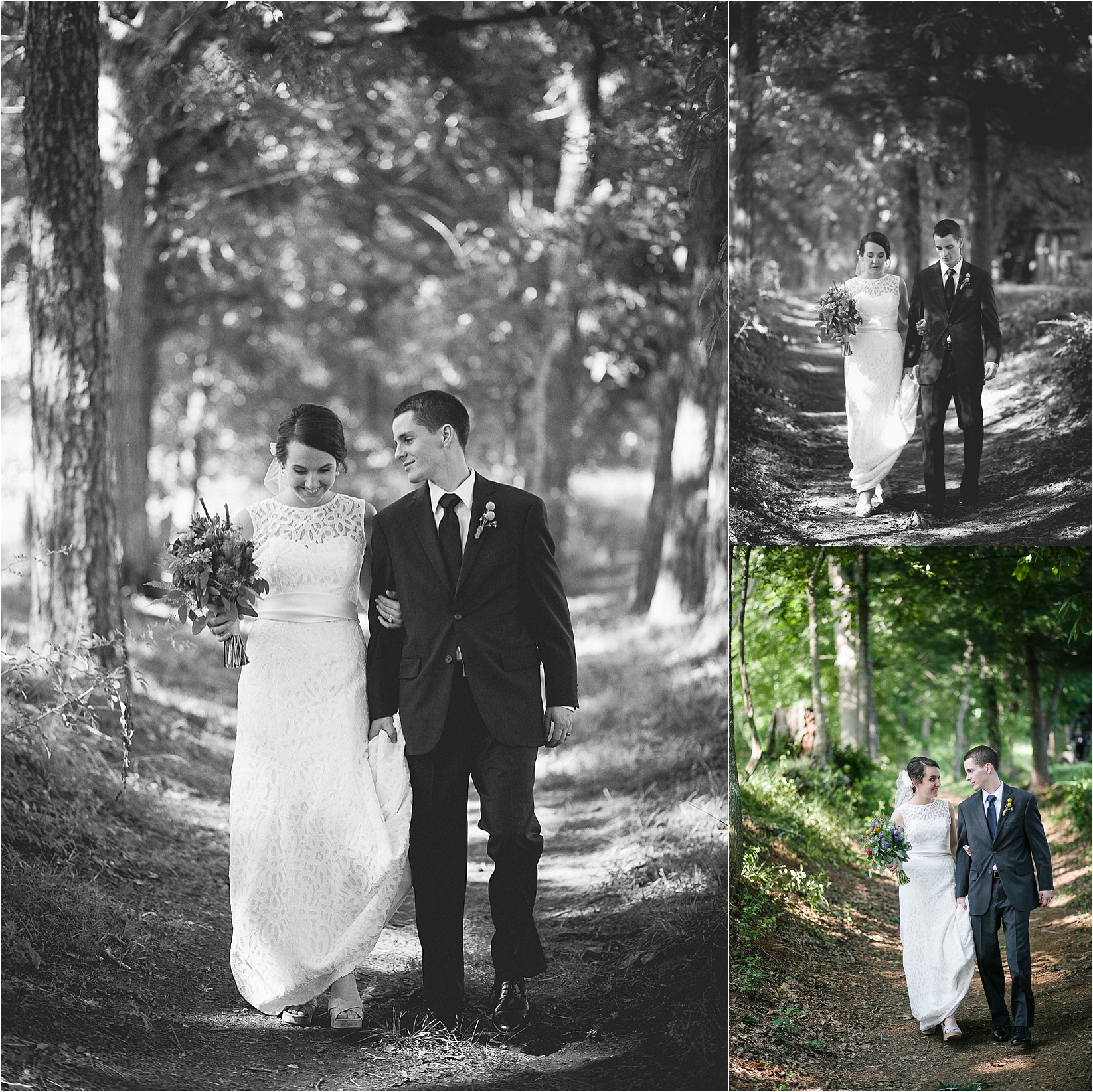 Walking down the path together at Caroline and Evans mountain wedding at yesterday spaces in asheville leicester north carolina