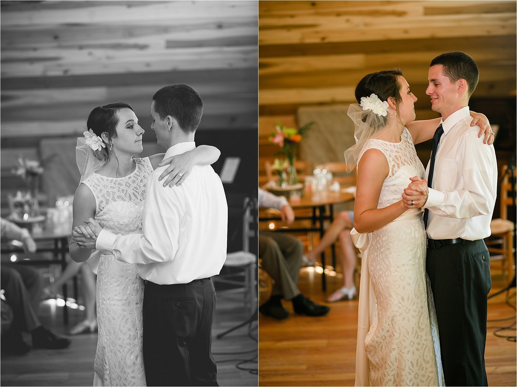 First dance together at Caroline and Evans mountain wedding at yesterday spaces in asheville leicester north carolina