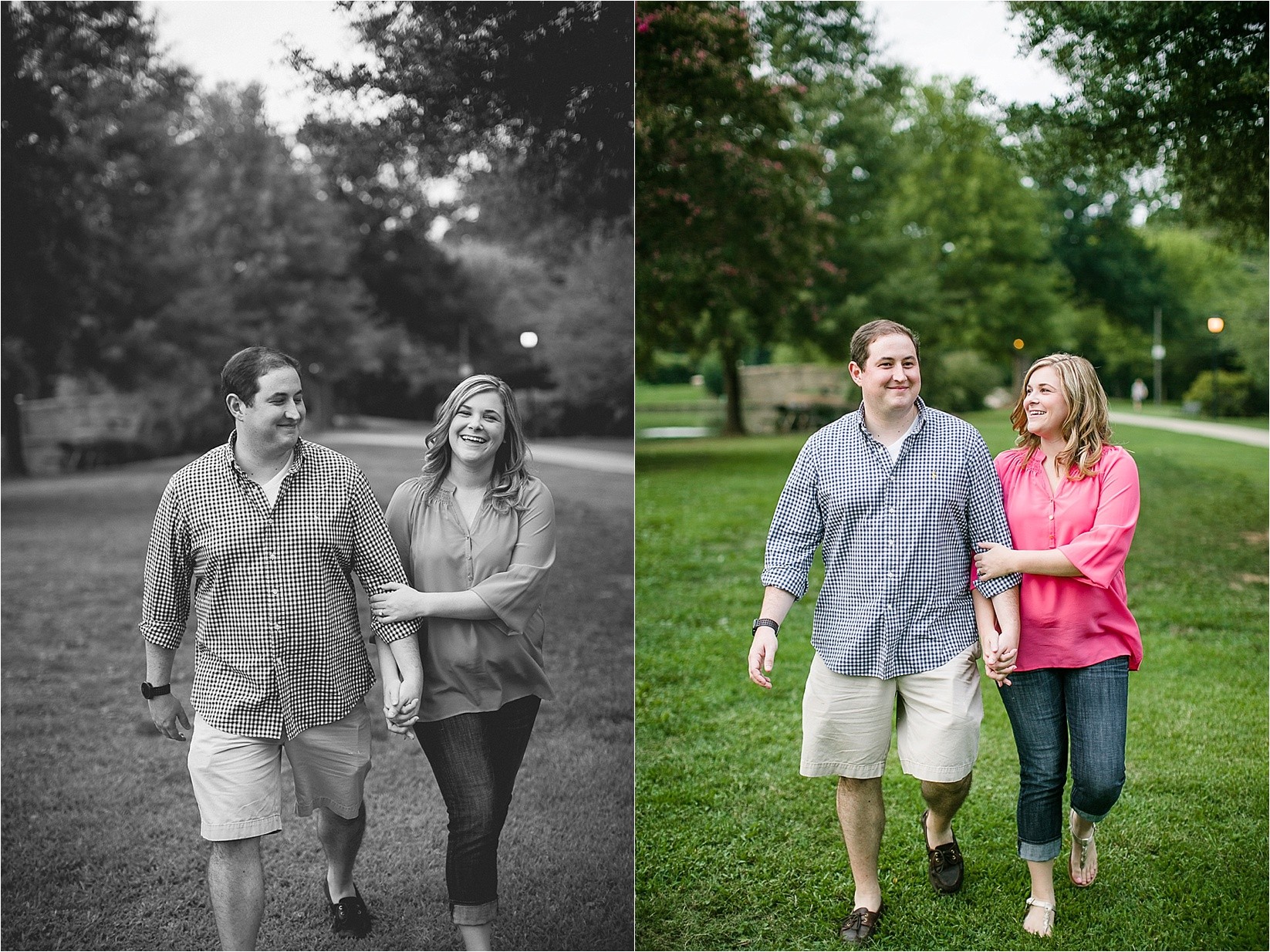 walking in the grass at Catherine & Jordan's engagement session at freedom park and marshall park in Charlotte North Carolina