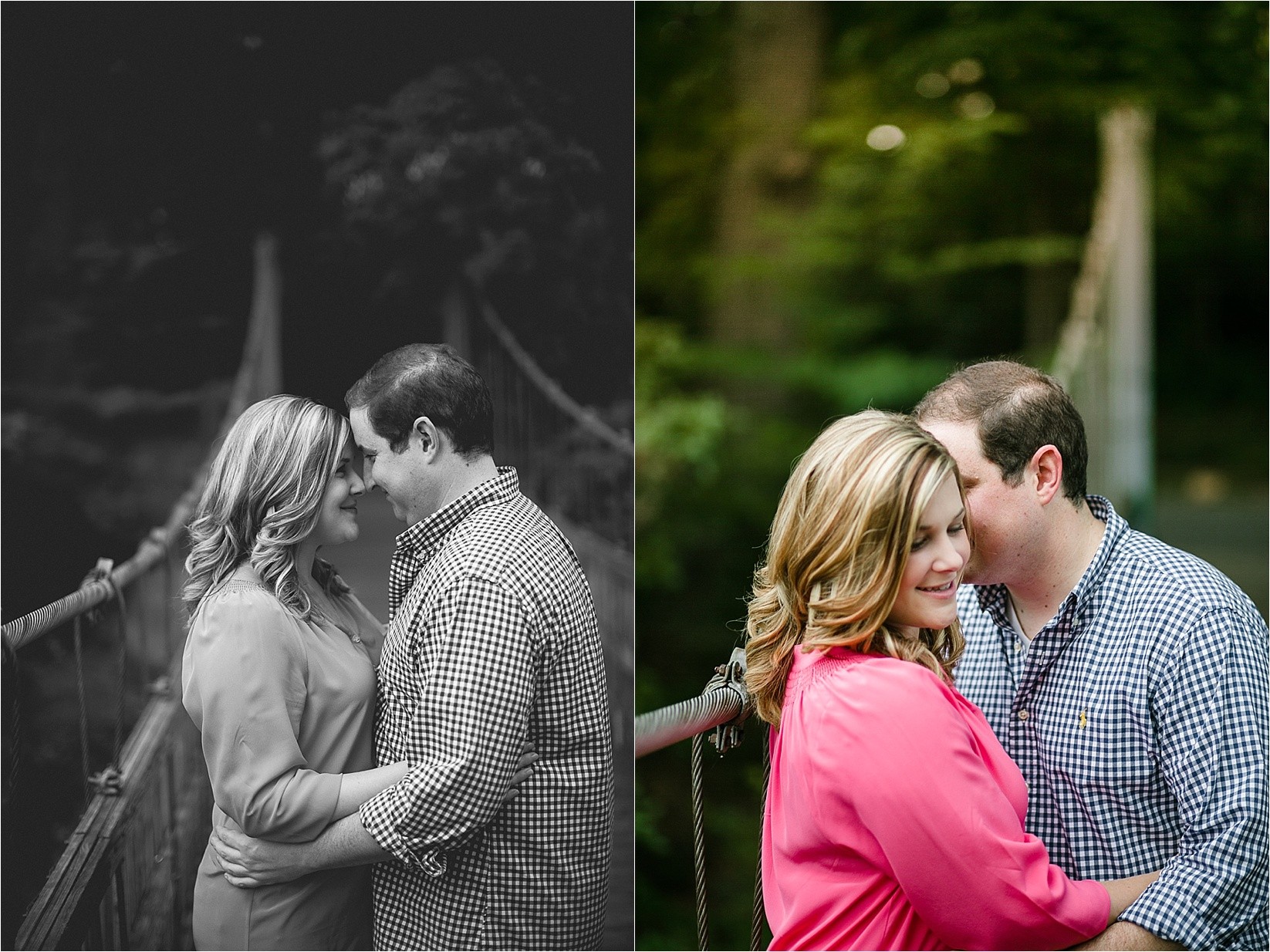 whisper in her ear at Catherine & Jordan's engagement session at freedom park and marshall park in Charlotte North Carolina