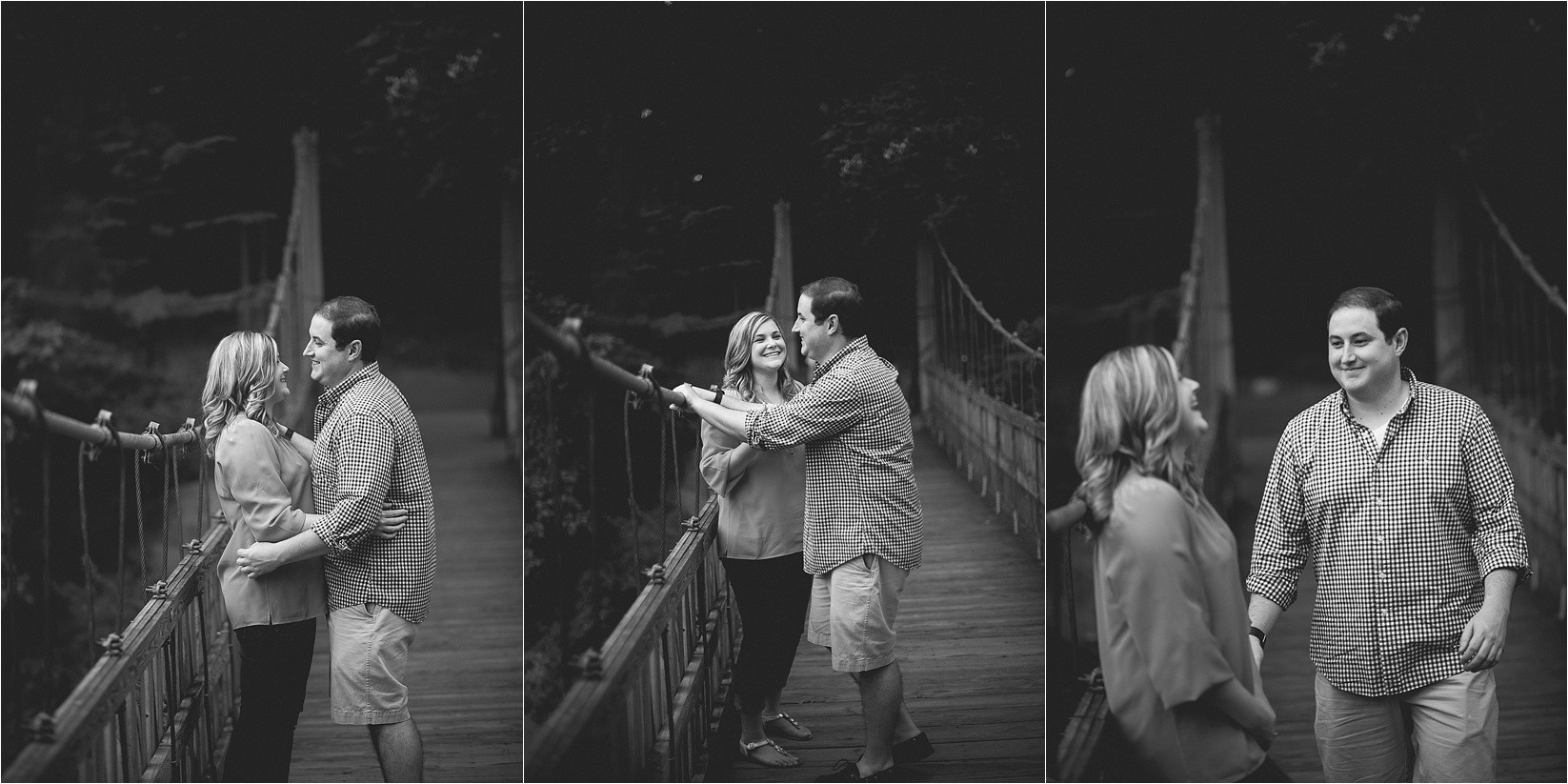 having fun and hanging out on the bridge at Catherine & Jordan's engagement session at freedom park and marshall park in Charlotte North Carolina