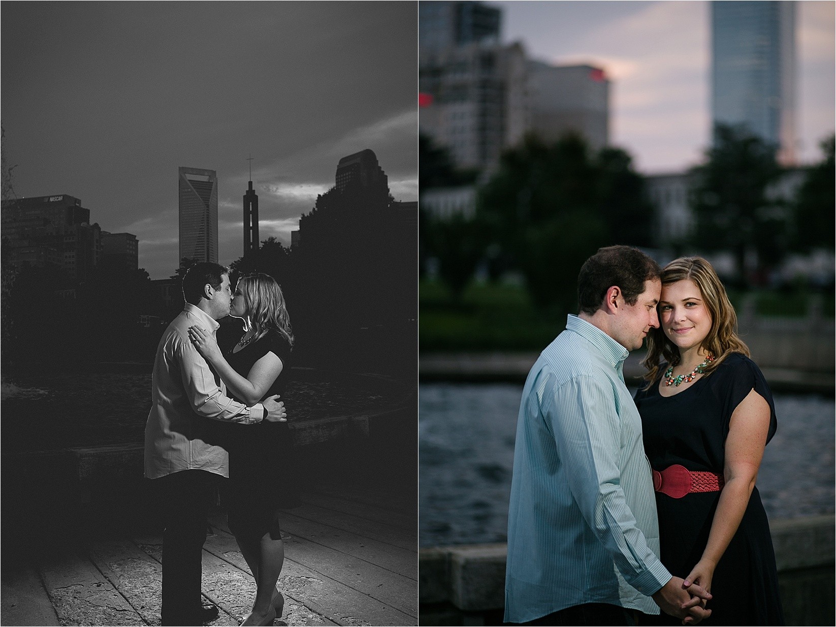 backlight and flash with the charlotte skyline at Catherine & Jordan's engagement session at freedom park and marshall park in Charlotte North Carolina