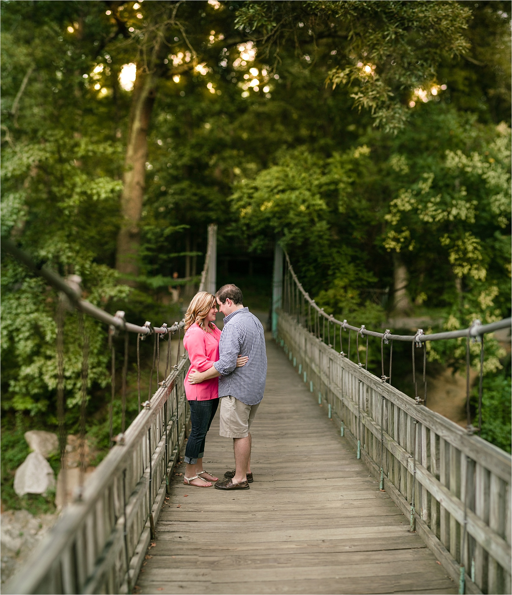 Brenizer method on the bridge at Catherine & Jordan's engagement session at freedom park and marshall park in Charlotte North Carolina