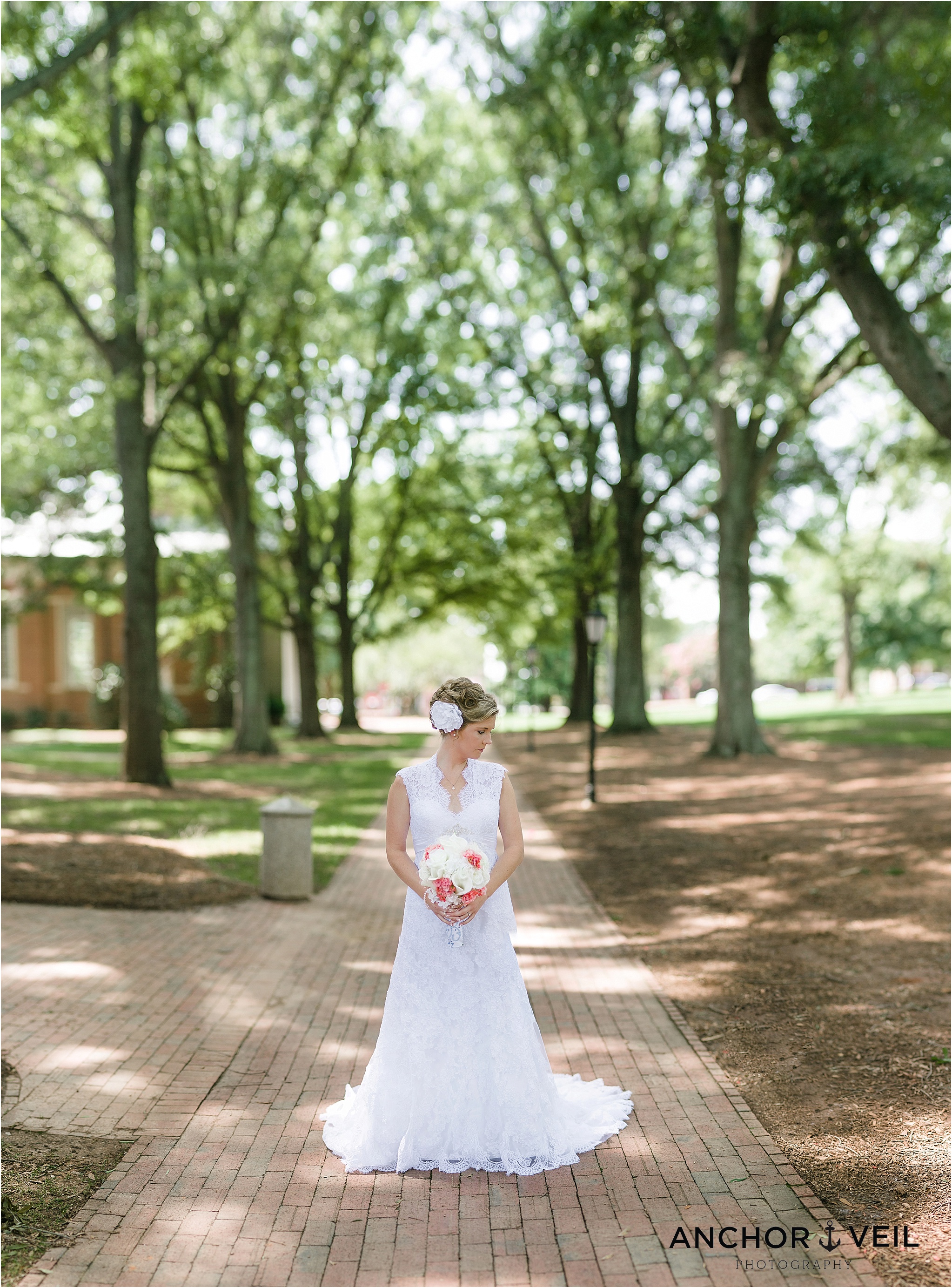 Brenizer method on the path at the davidson college chapel wedding in Davidson north Carolina and the Charles mack citizen center wedding and reception