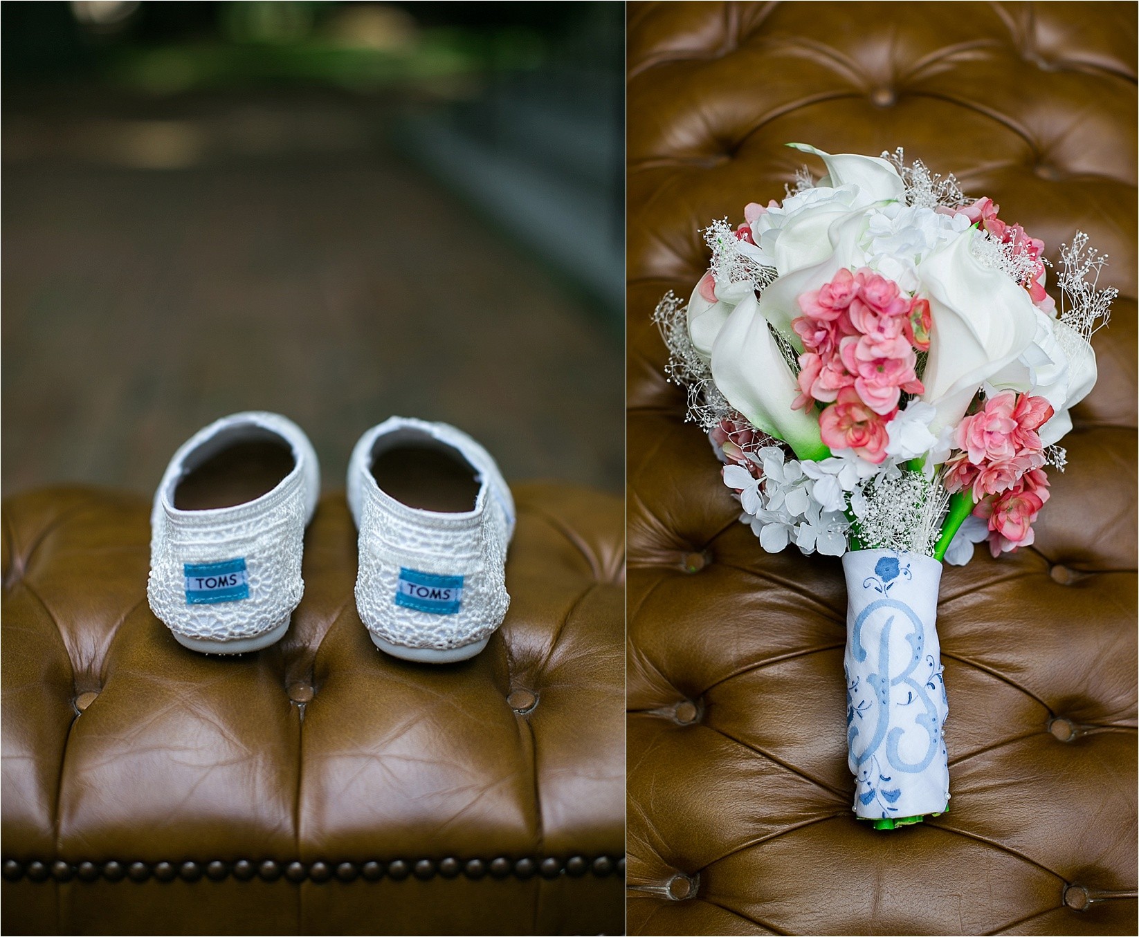 toms shoes and white and pink flowers at the davidson college chapel wedding in Davidson north Carolina and the Charles mack citizen center wedding and reception