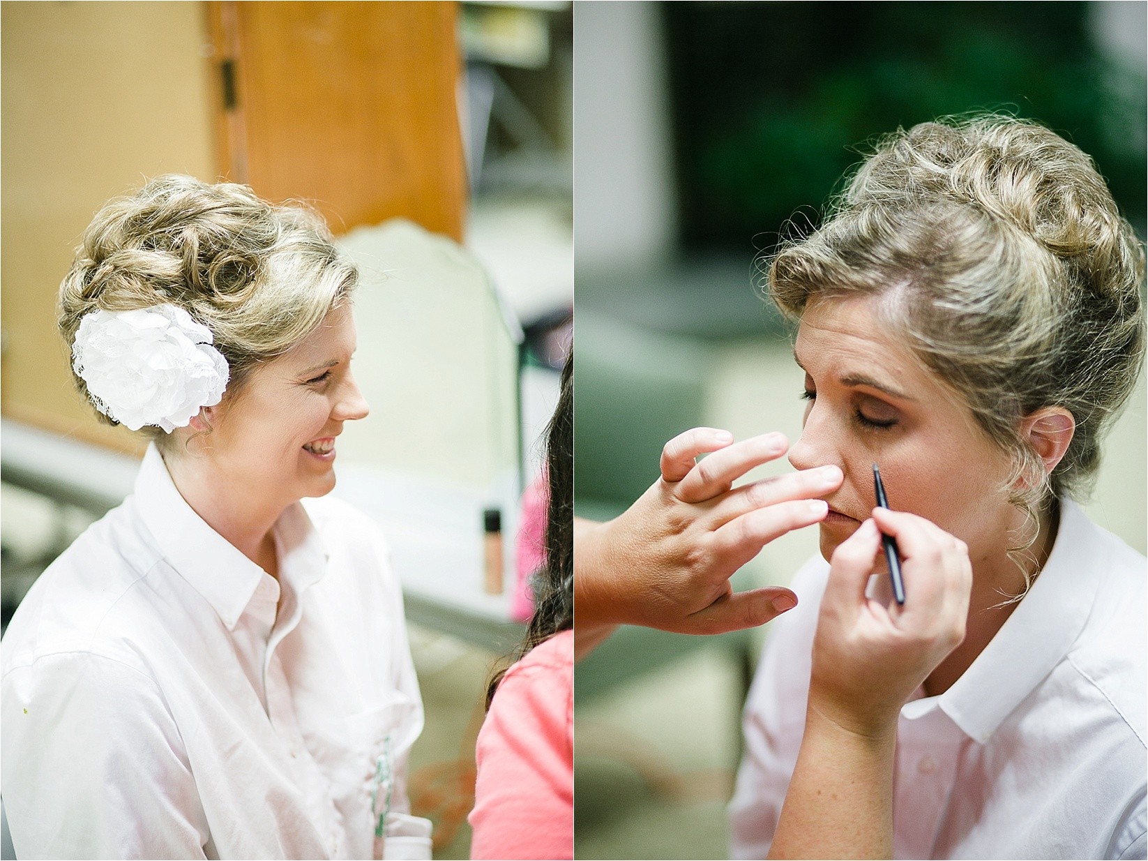 Getting make up on at the davidson college chapel wedding in Davidson north Carolina and the Charles mack citizen center wedding and reception