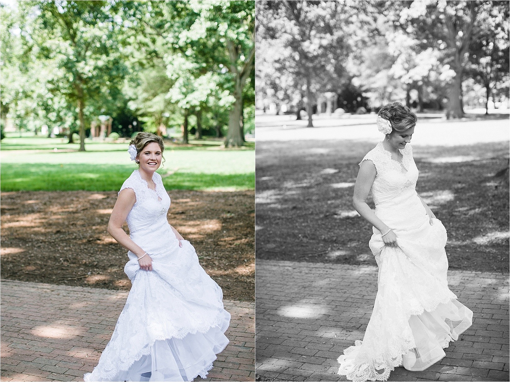 Twirling the dress at the davidson college chapel wedding in Davidson north Carolina and the Charles mack citizen center wedding and reception