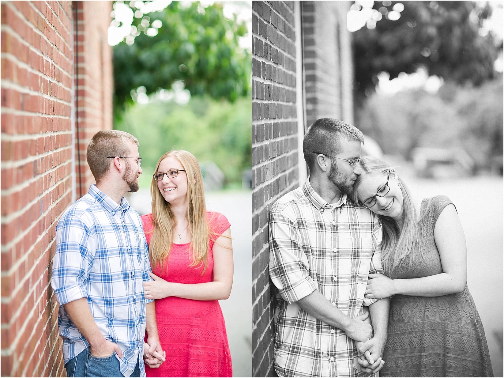 leaning on his shoulder during Andria & Matts Mount Pleasant engagement session in downtown mount pleasant nc