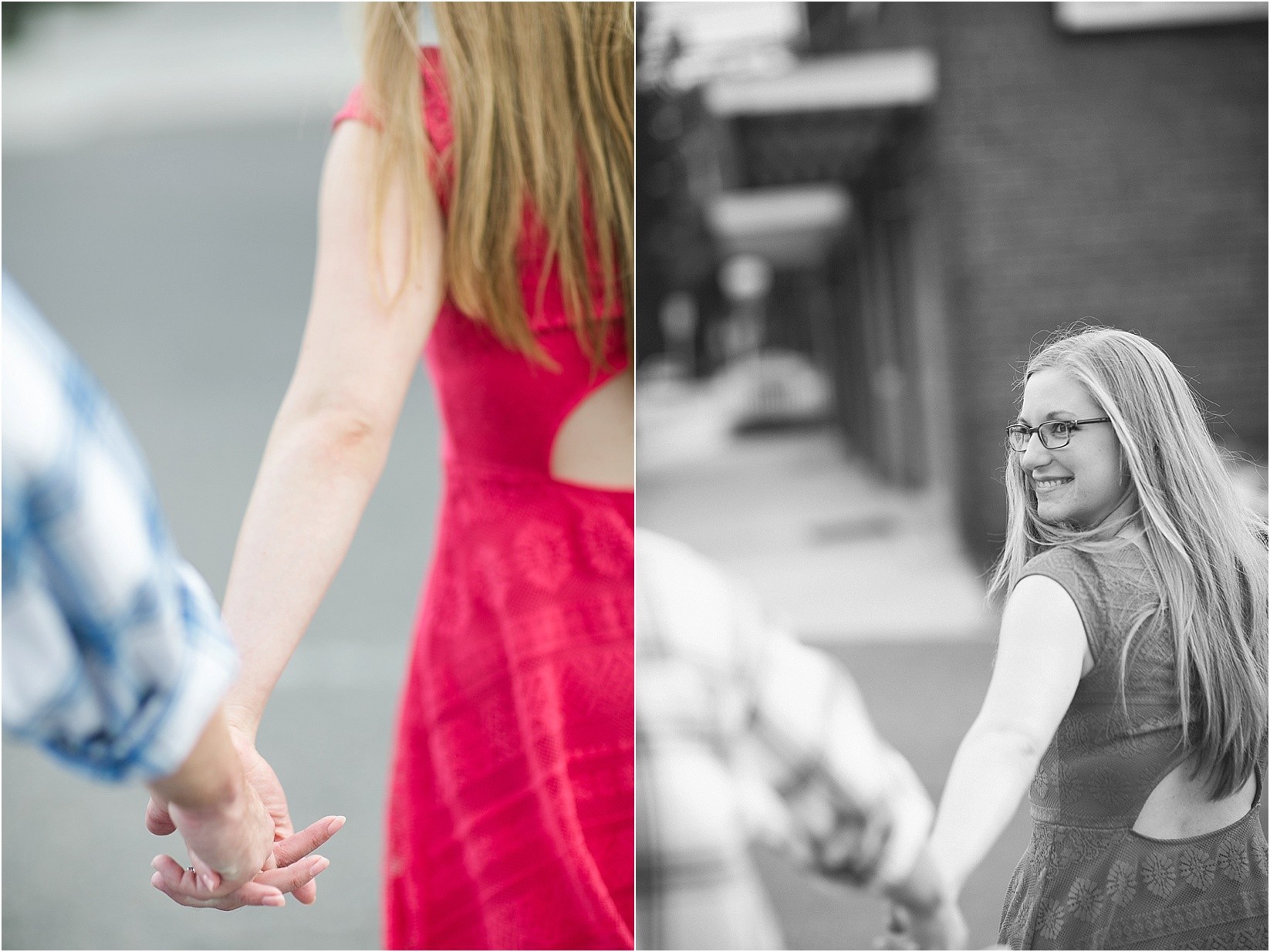 Walking hand and hand during Andria & Matts Mount Pleasant engagement session in downtown mount pleasant nc