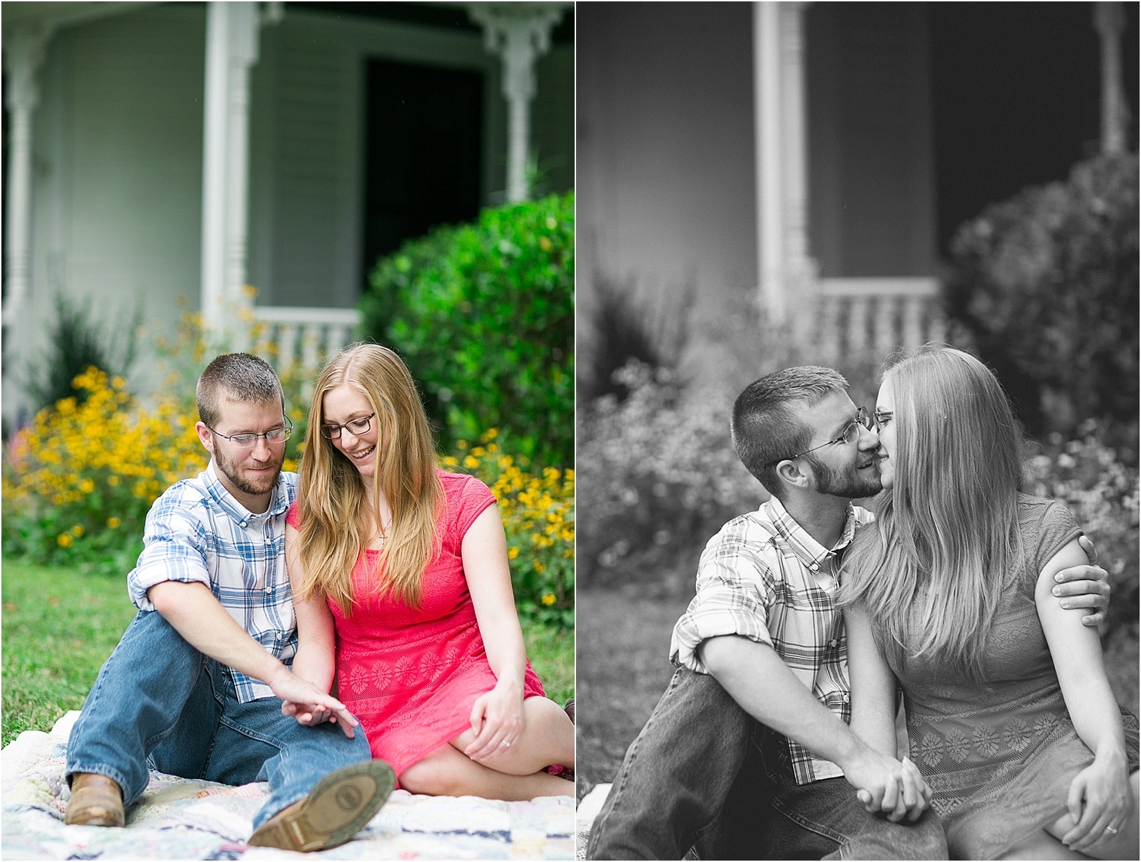 sitting in the grass and kissing during Andria & Matts Mount Pleasant engagement session in downtown mount pleasant nc
