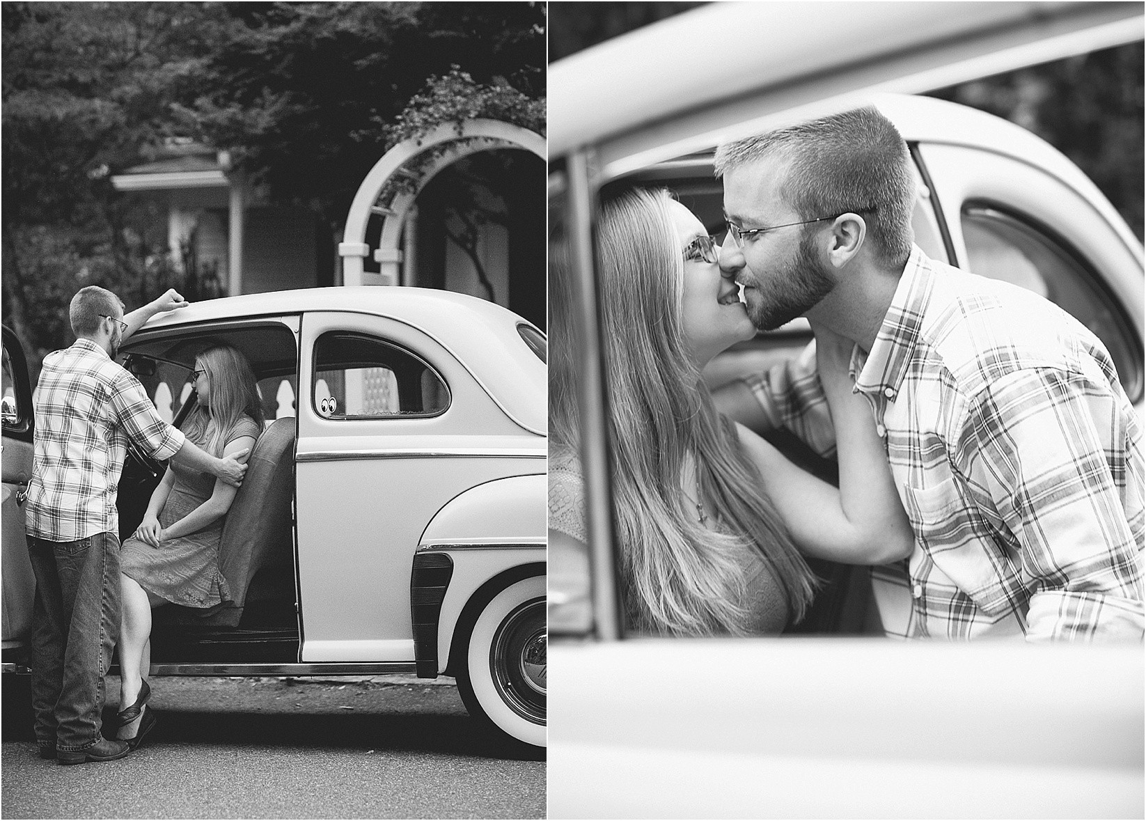 in the car during Andria & Matts Mount Pleasant engagement session in downtown mount pleasant nc