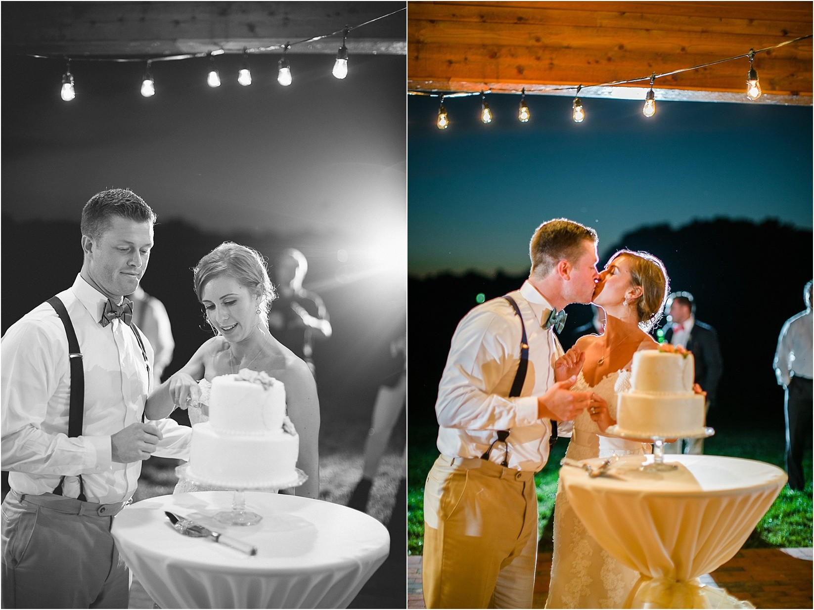 cutting the cake backlit during their wedding at the Historic Rural Hill wedding ceremony and reception in Huntersville nc